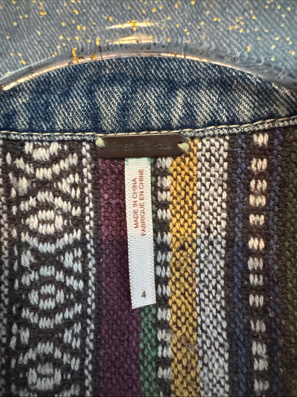 Free People Blue Denim Jacket with Multicolor Aztec Trim - Picture 3 of 3